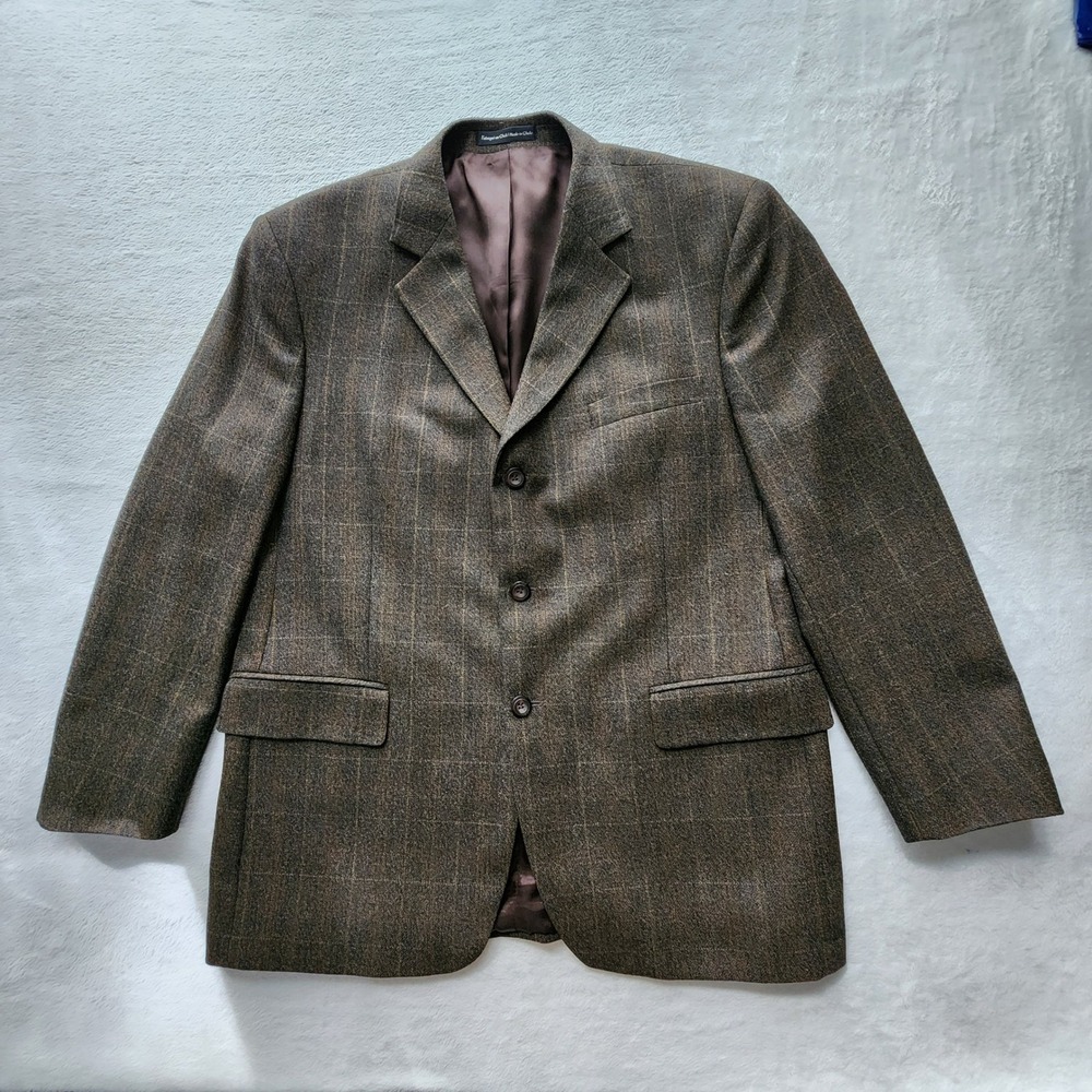Alfred Sung Wool Blazer Mens 44 Reg Brown Plaid Sport Coat Professional Office